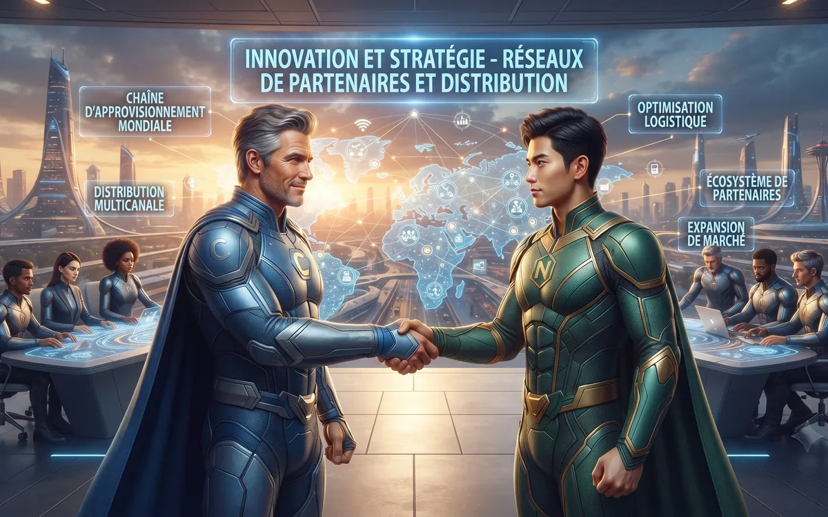 Poignée de main scellant un partenariat, sur fond de réseau de distribution mondial